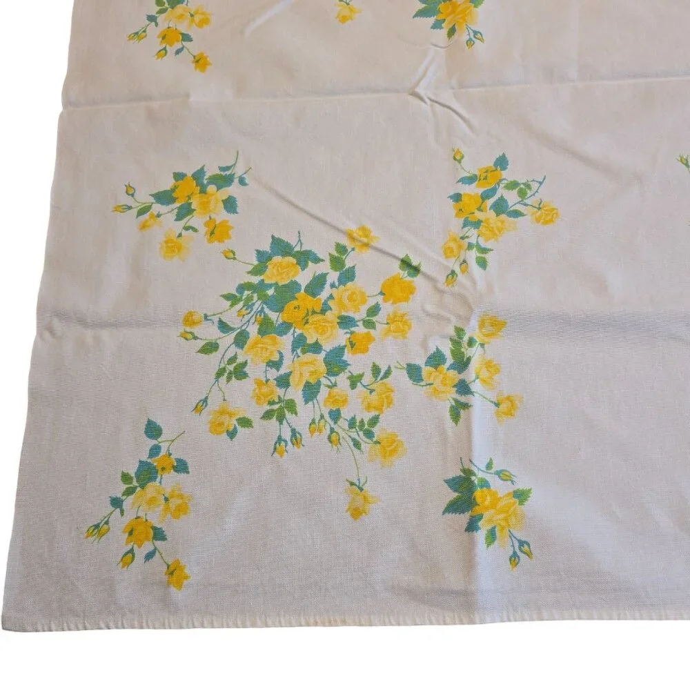 Vintage Floral Tablecloth 53x65 Yellow Roses Mid-Century Country Cottage Style